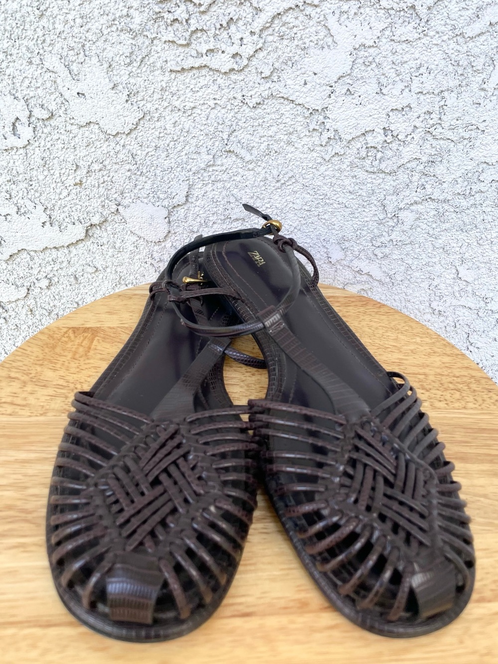 Zara Dark Brown Croc Woven Cage Fisherman Sandals